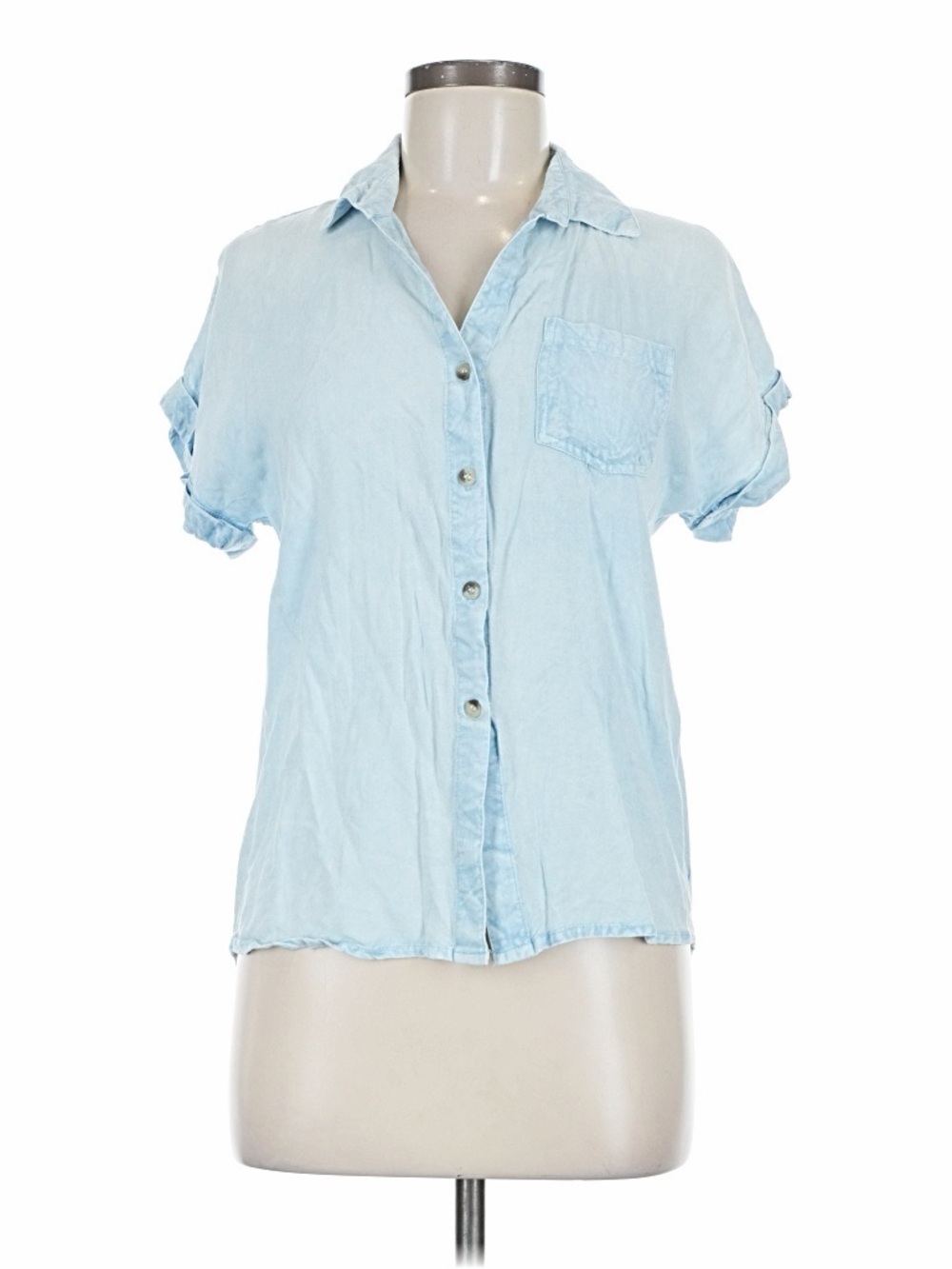 Women's Light Blue Short Sleeve Button-Down Shirt with Pocket